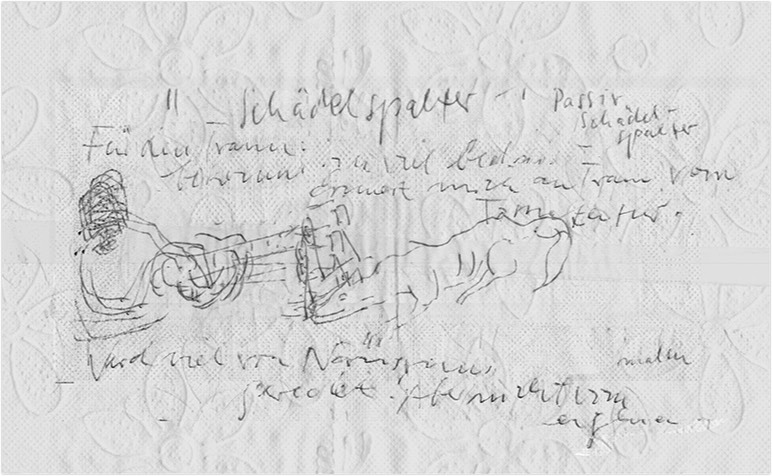 Schädelspalter | Traumaufzeichnung | Kugelschreiber auf Klo-Papier | ca. 10 x 15 cm | 1983