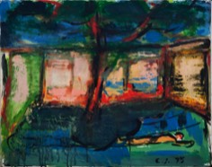 Liegender unter Baum vor Mauer | Pigment auf Papier | 60 x 80 cm | 1995