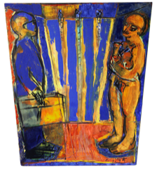 * Mann, Koffer, Frau mit Kelch vor Staumauer | Öl auf LW | ca. 145 x 110 cm | 1995
