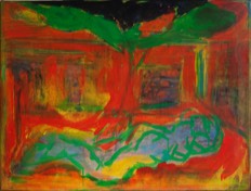Liegender unter Baum vor Mauer | Pigment auf LW | 60 x 80 cm | 1996